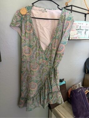 AllSaints Paisley Wrap Mini Dress - Mint Green & Light Pink